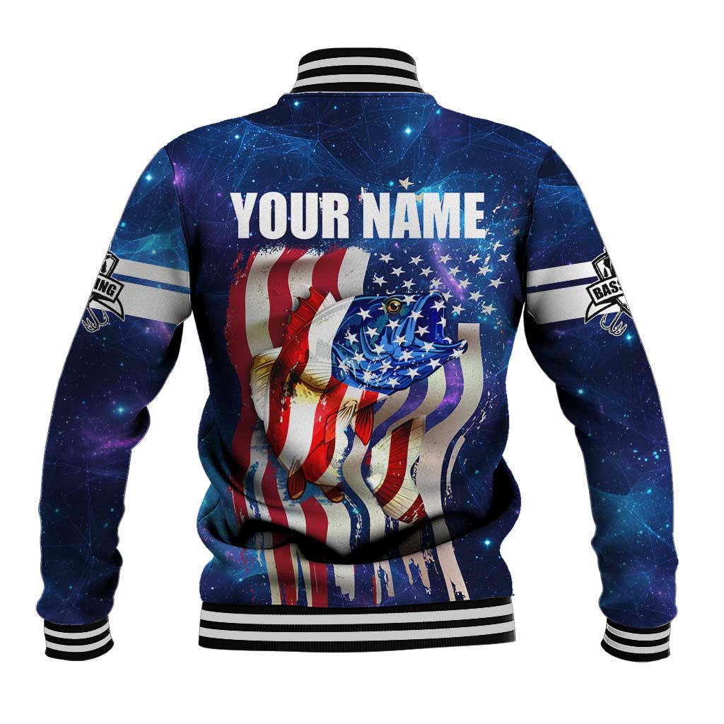 Bass Fishing Baseball Jacket American Flag Patriotic and Cosmic Galaxy in Blue Red - Wonder Print Shop