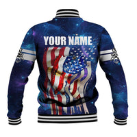 Bass Fishing Baseball Jacket American Flag Patriotic and Cosmic Galaxy in Blue Red - Wonder Print Shop