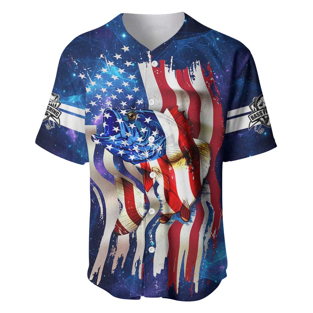 Bass Fishing Baseball Jersey American Flag Patriotic and Cosmic Galaxy in Blue Red - Wonder Print Shop