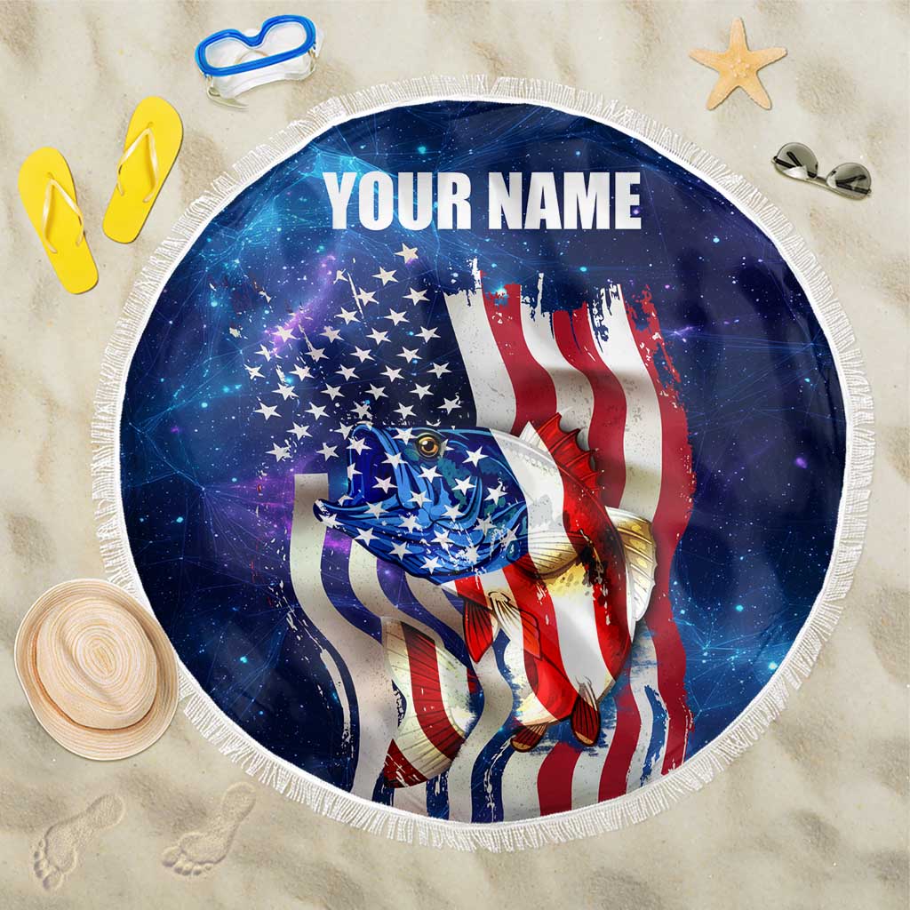 Bass Fishing Beach Blanket American Flag Patriotic and Cosmic Galaxy in Blue Red - Wonder Print Shop