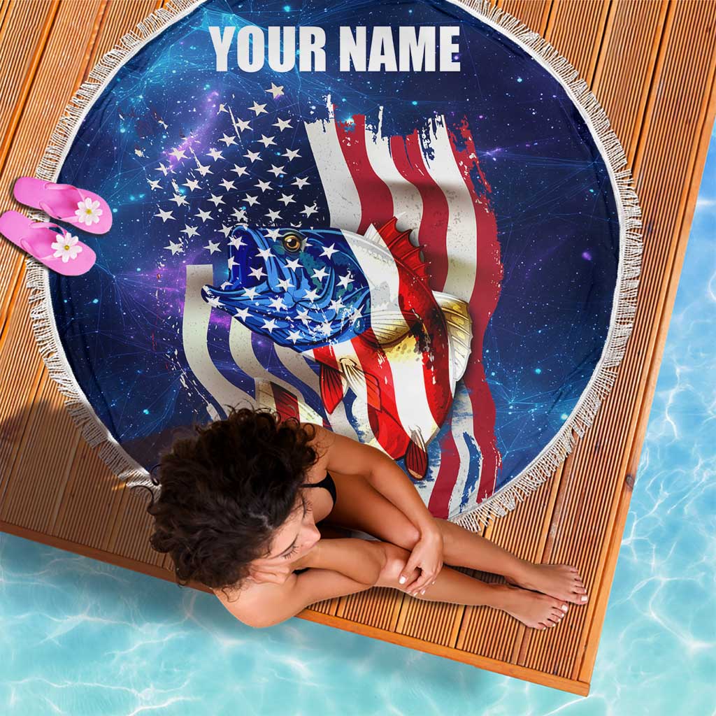 Bass Fishing Beach Blanket American Flag Patriotic and Cosmic Galaxy in Blue Red - Wonder Print Shop