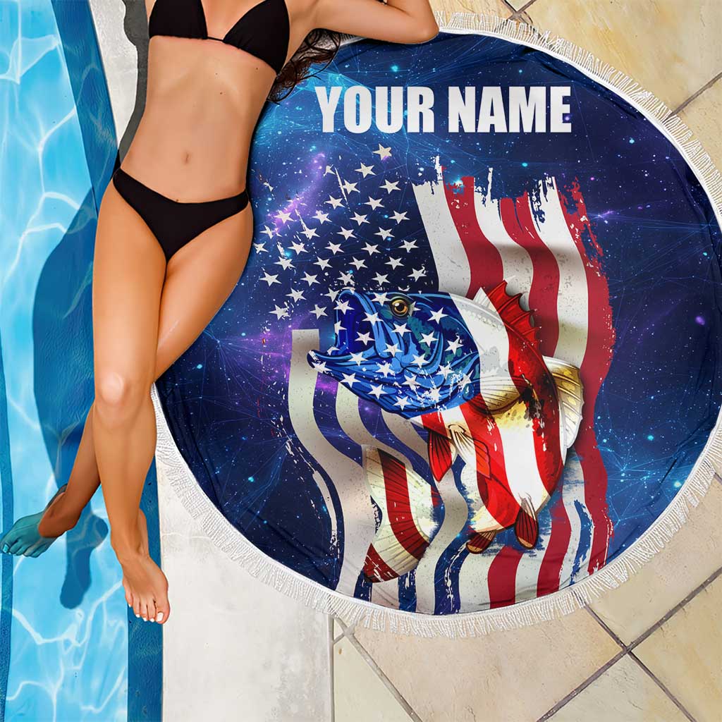 Bass Fishing Beach Blanket American Flag Patriotic and Cosmic Galaxy in Blue Red - Wonder Print Shop