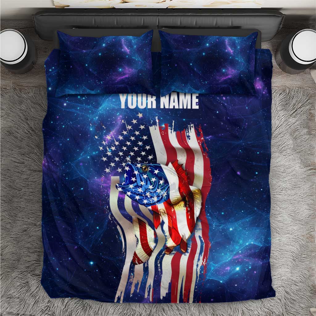 Bass Fishing Bedding Set American Flag Patriotic and Cosmic Galaxy in Blue Red - Wonder Print Shop