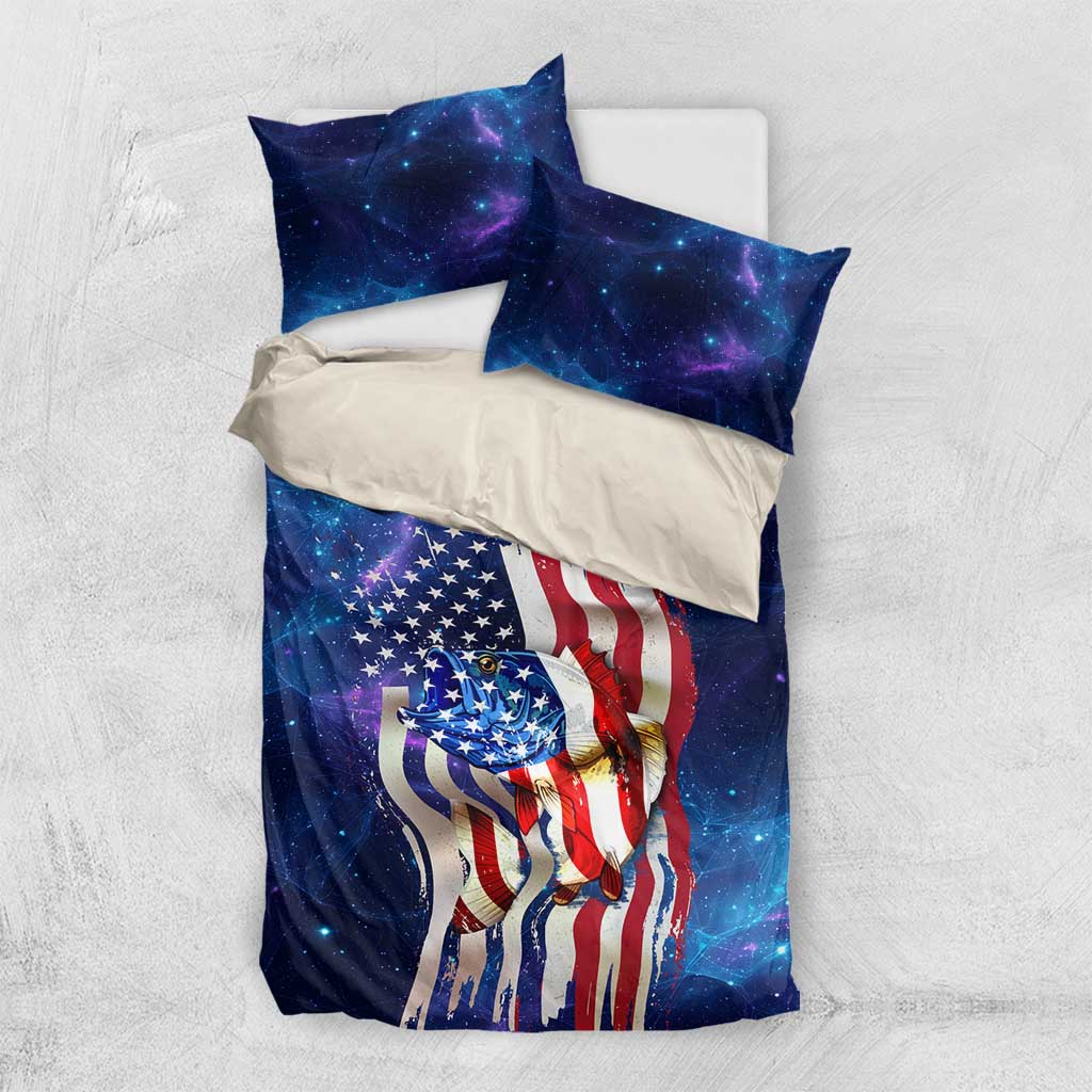 Bass Fishing Bedding Set American Flag Patriotic and Cosmic Galaxy in Blue Red - Wonder Print Shop
