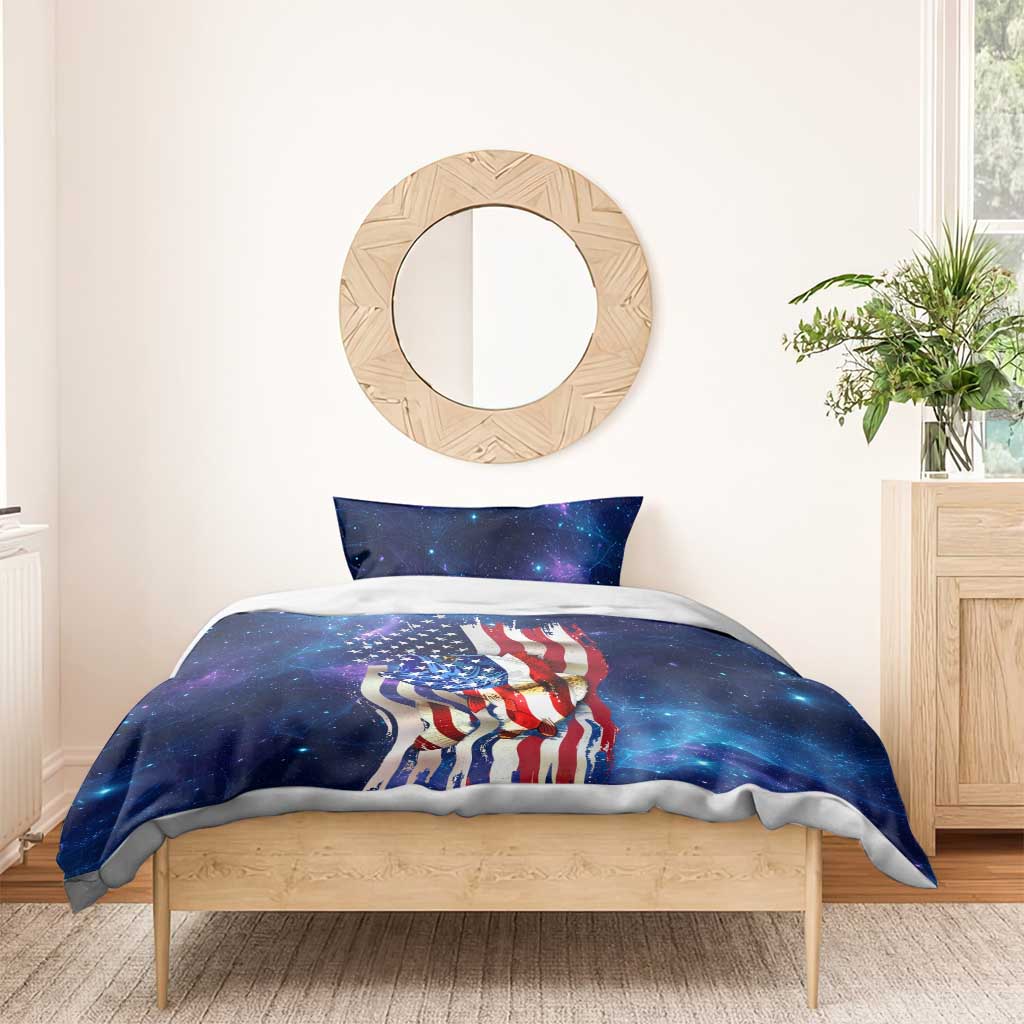 Bass Fishing Bedding Set American Flag Patriotic and Cosmic Galaxy in Blue Red - Wonder Print Shop
