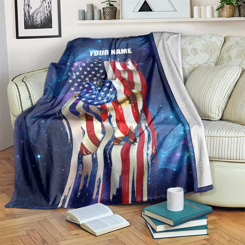 Bass Fishing Blanket American Flag Patriotic and Cosmic Galaxy in Blue Red - Wonder Print Shop