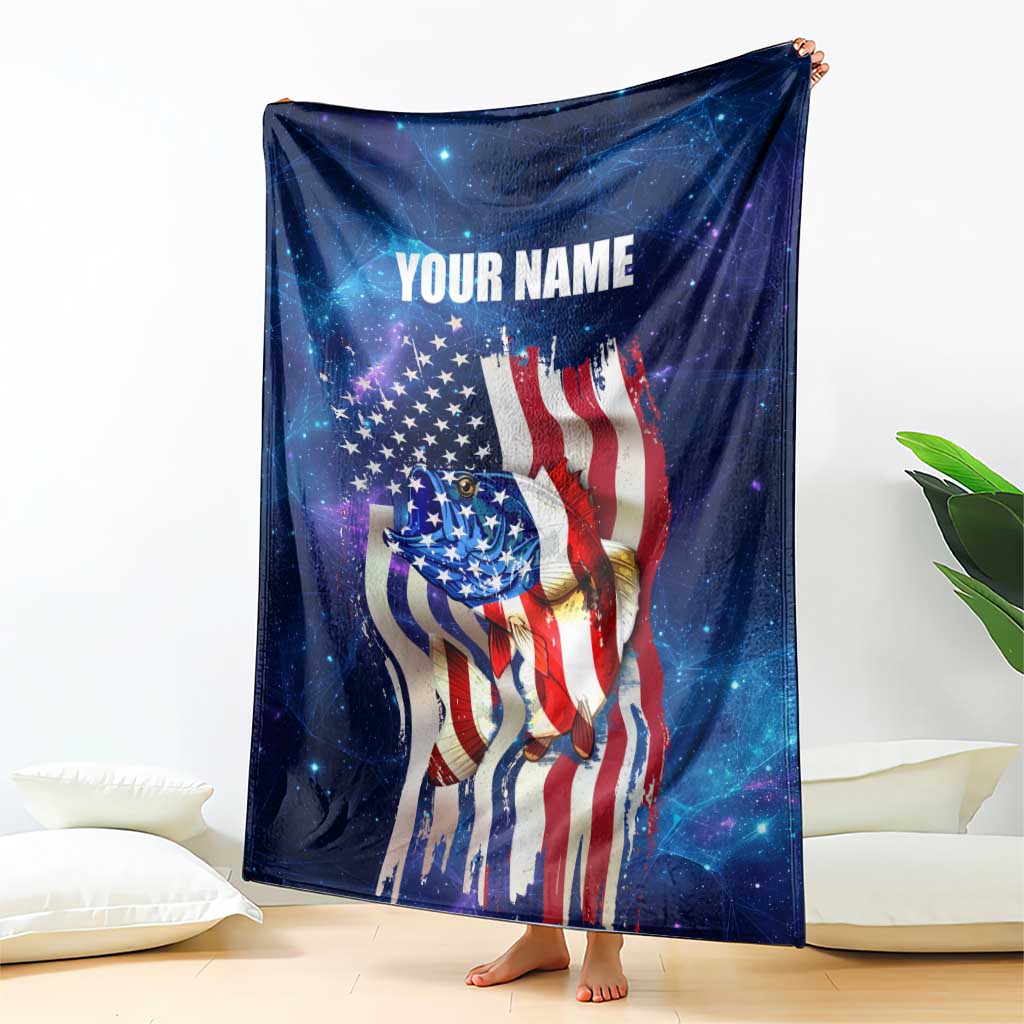 Bass Fishing Blanket American Flag Patriotic and Cosmic Galaxy in Blue Red - Wonder Print Shop