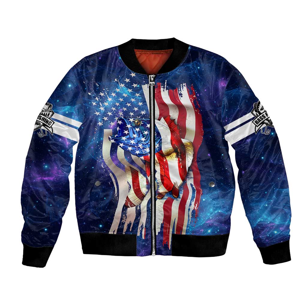 Bass Fishing Bomber Jacket American Flag Patriotic and Cosmic Galaxy in Blue Red - Wonder Print Shop