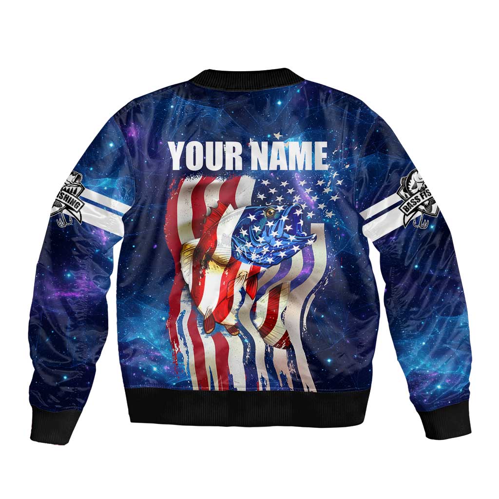 Bass Fishing Bomber Jacket American Flag Patriotic and Cosmic Galaxy in Blue Red - Wonder Print Shop