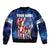 Bass Fishing Bomber Jacket American Flag Patriotic and Cosmic Galaxy in Blue Red - Wonder Print Shop