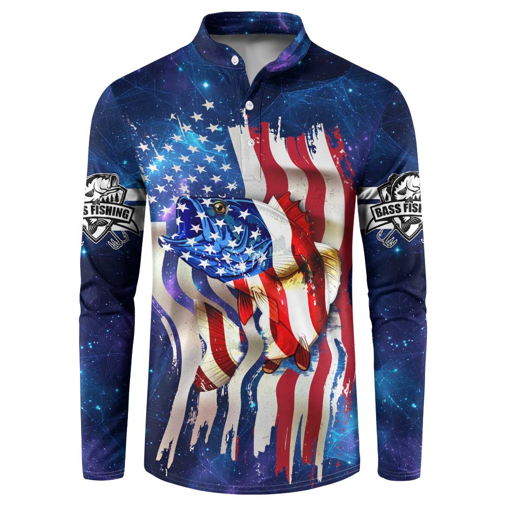 Bass Fishing Button Sweatshirt American Flag Patriotic and Cosmic Galaxy in Blue Red - Wonder Print Shop