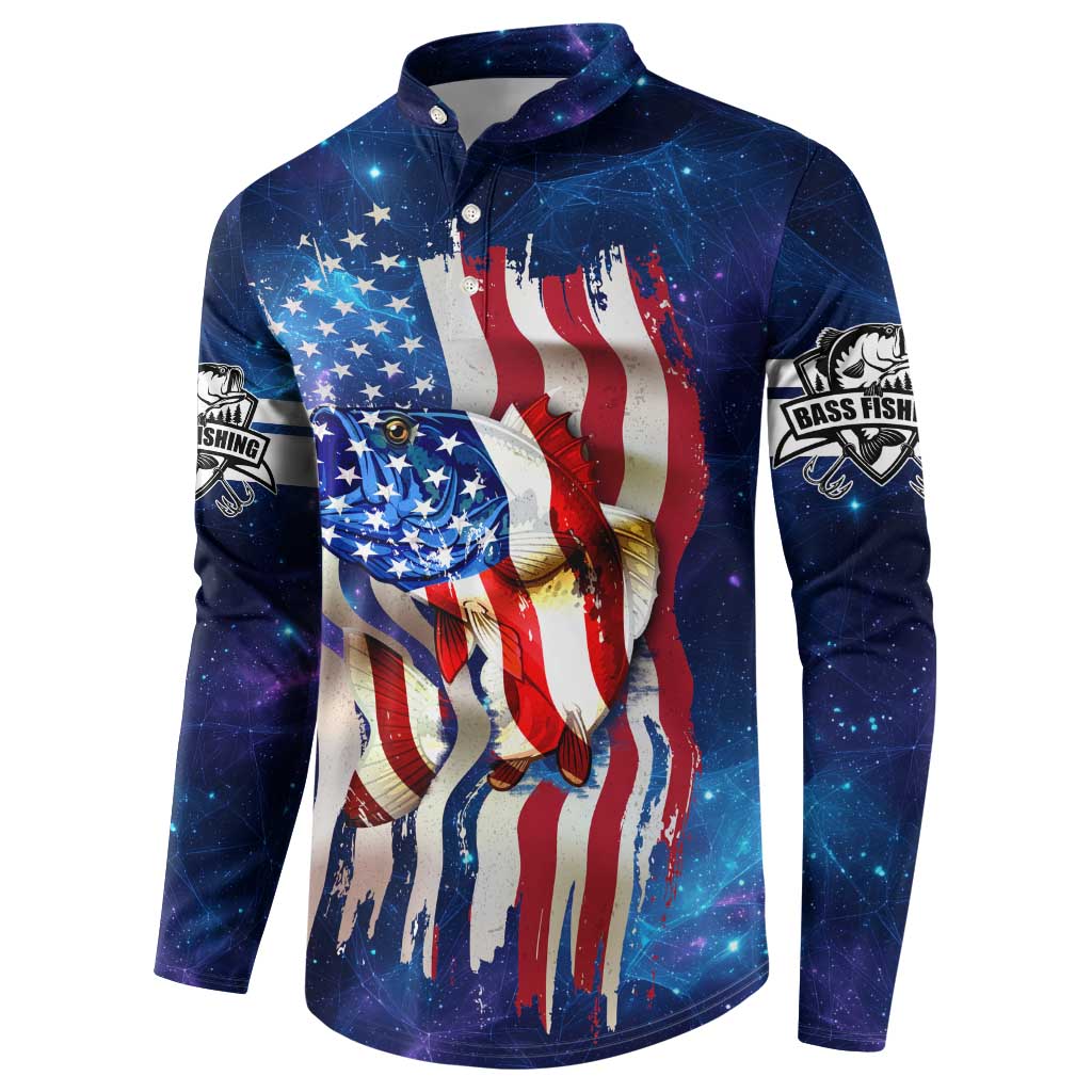 Bass Fishing Button Sweatshirt American Flag Patriotic and Cosmic Galaxy in Blue Red - Wonder Print Shop