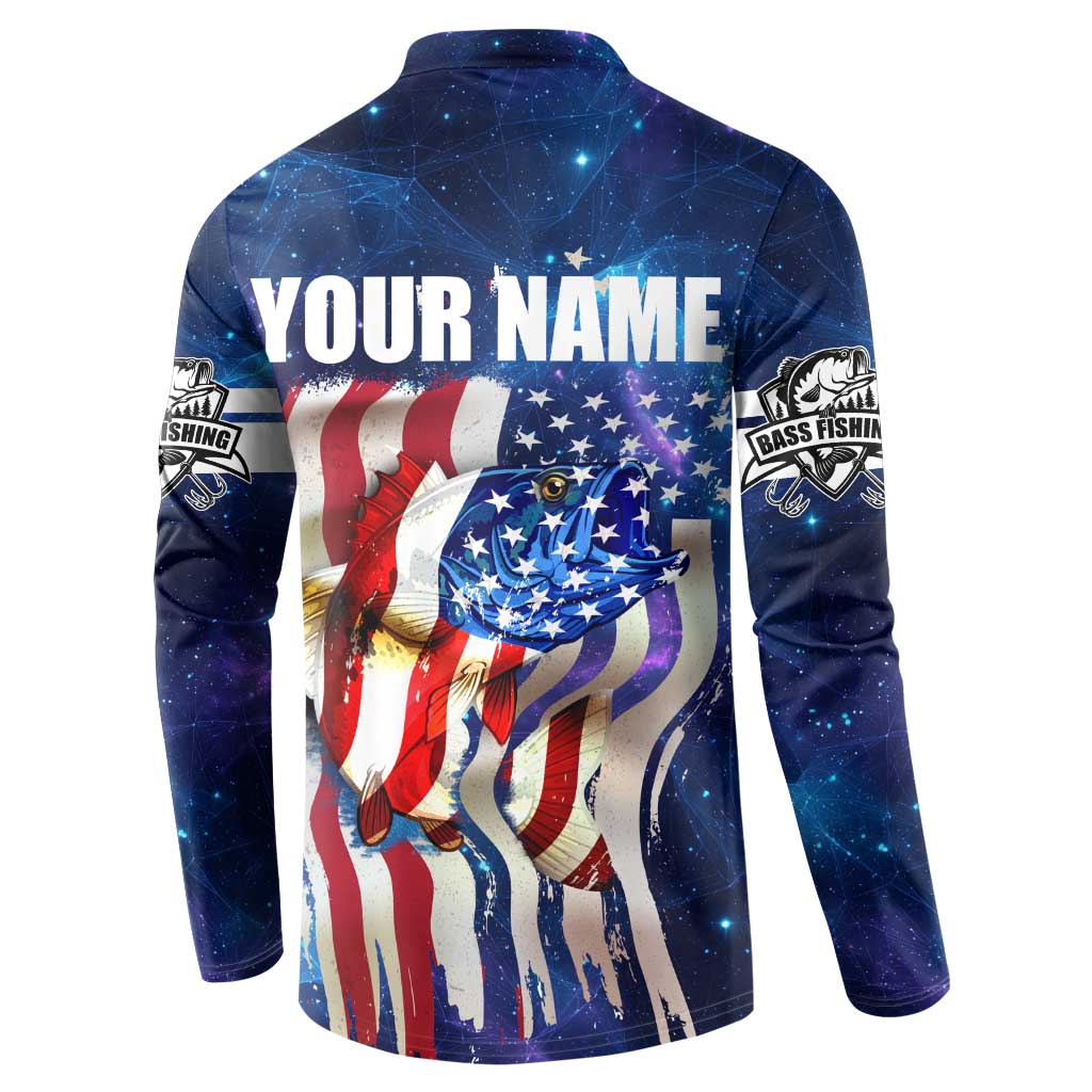 Bass Fishing Button Sweatshirt American Flag Patriotic and Cosmic Galaxy in Blue Red - Wonder Print Shop
