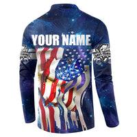 Bass Fishing Button Sweatshirt American Flag Patriotic and Cosmic Galaxy in Blue Red - Wonder Print Shop