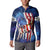 Bass Fishing Button Sweatshirt American Flag Patriotic and Cosmic Galaxy in Blue Red - Wonder Print Shop