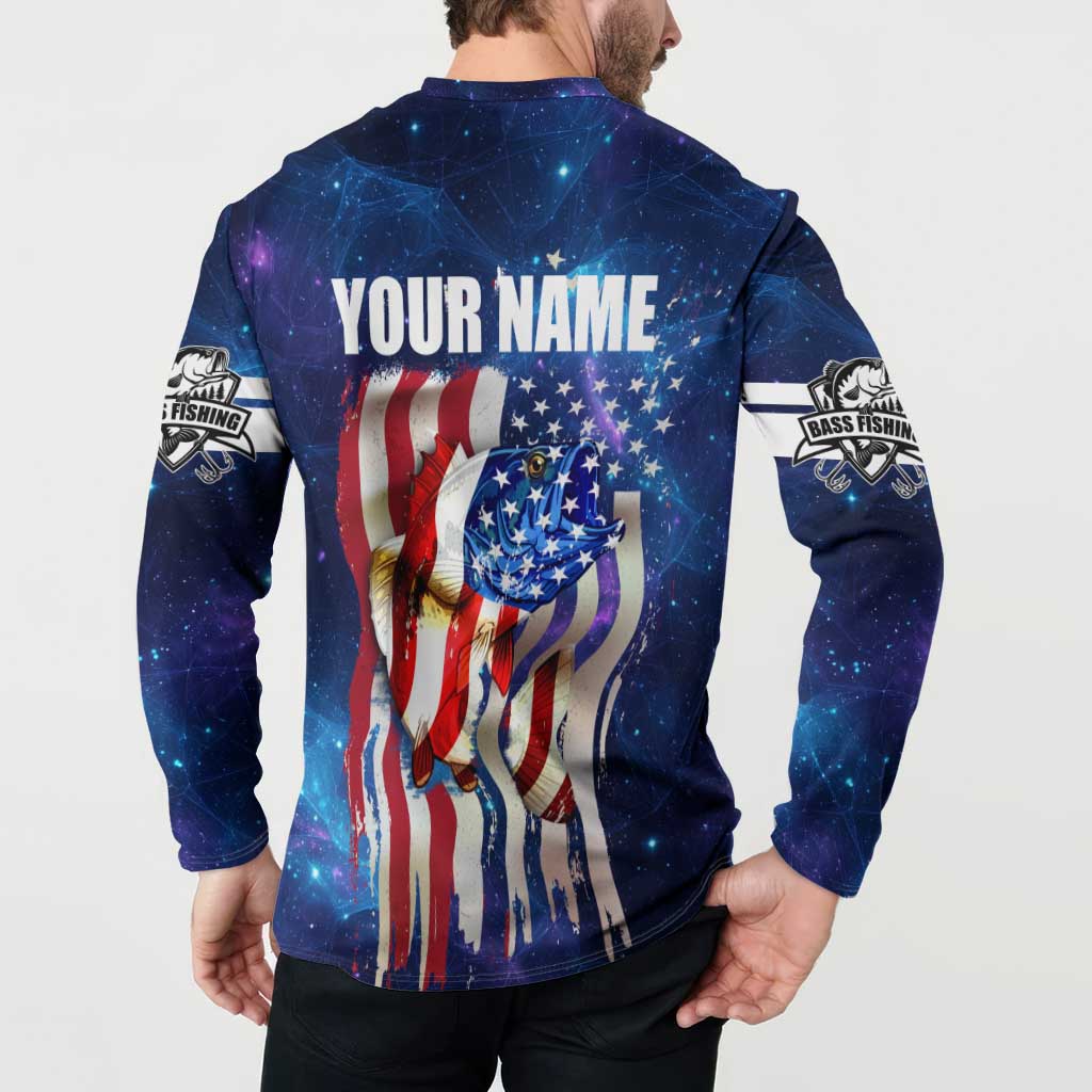 Bass Fishing Button Sweatshirt American Flag Patriotic and Cosmic Galaxy in Blue Red - Wonder Print Shop