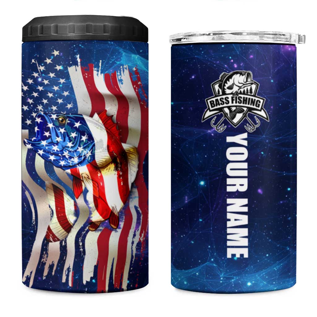 Bass Fishing 4 in 1 Can Cooler Tumbler American Flag Patriotic and Cosmic Galaxy in Blue Red - Wonder Print Shop