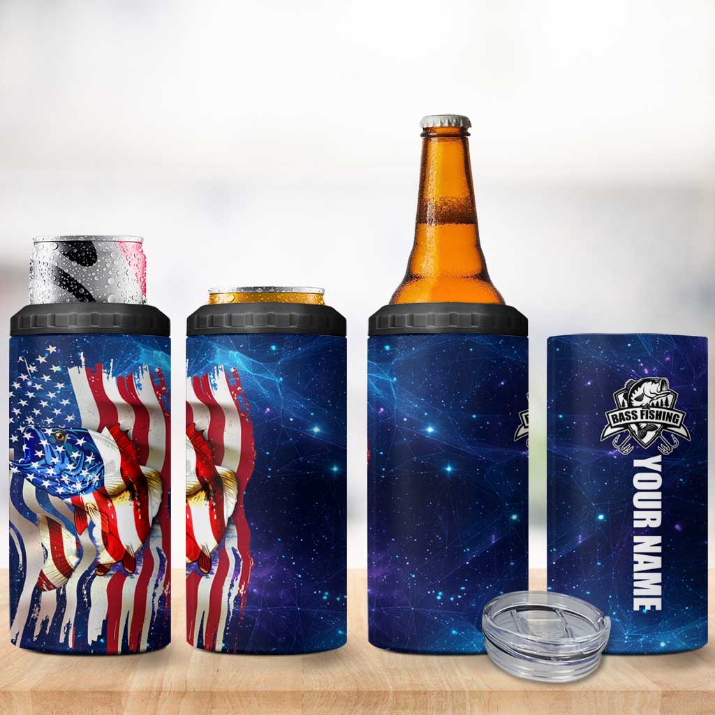 Bass Fishing 4 in 1 Can Cooler Tumbler American Flag Patriotic and Cosmic Galaxy in Blue Red - Wonder Print Shop