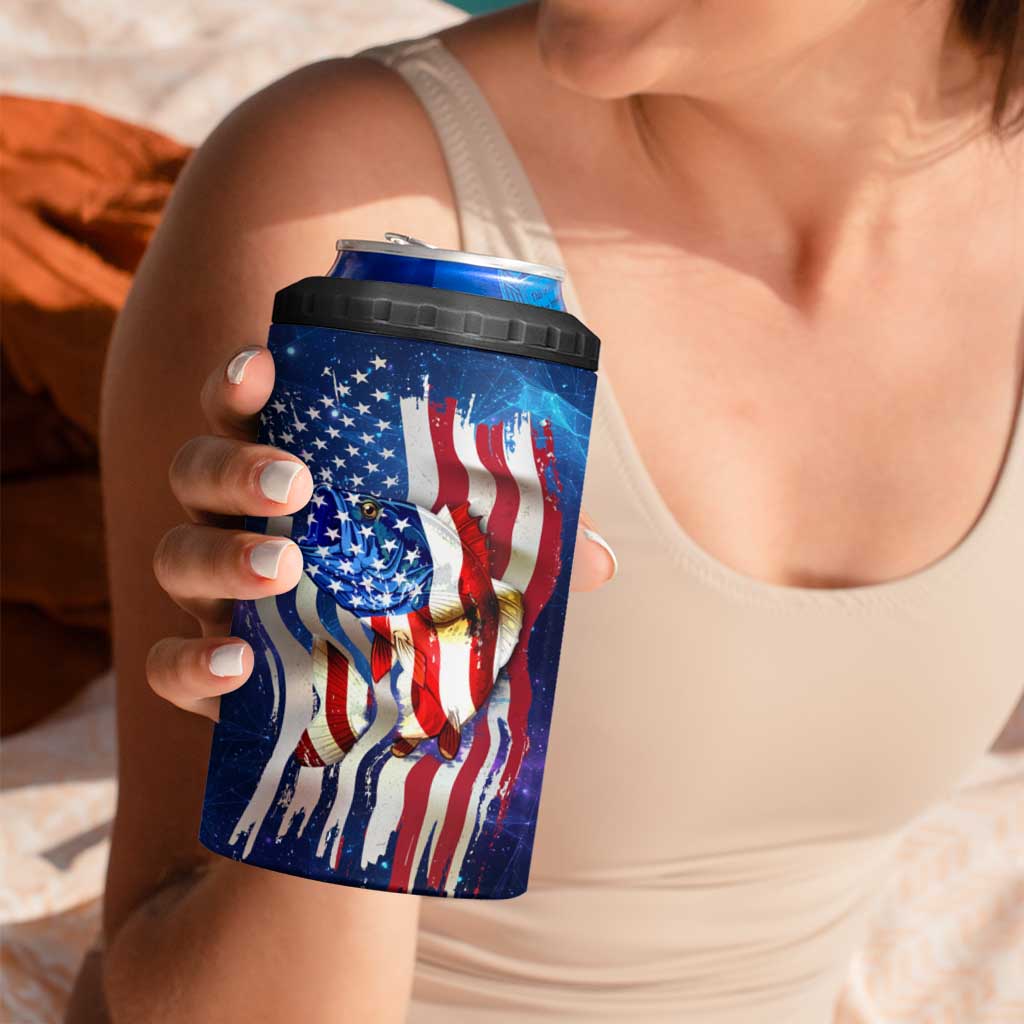 Bass Fishing 4 in 1 Can Cooler Tumbler American Flag Patriotic and Cosmic Galaxy in Blue Red - Wonder Print Shop