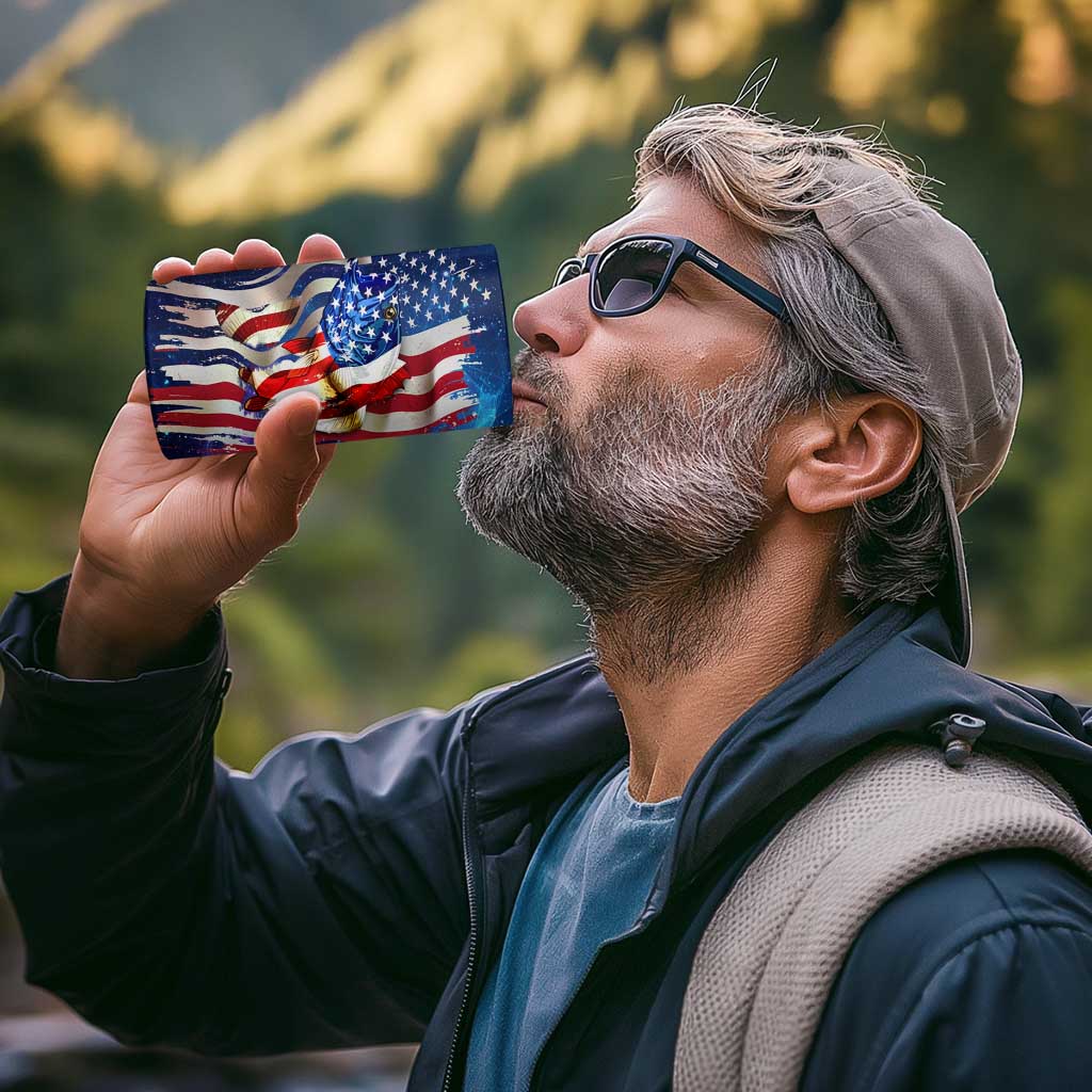 Bass Fishing 4 in 1 Can Cooler Tumbler American Flag Patriotic and Cosmic Galaxy in Blue Red - Wonder Print Shop