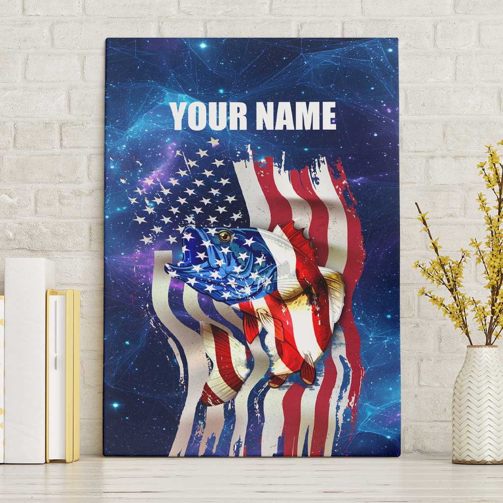 Bass Fishing Canvas Wall Art American Flag Patriotic and Cosmic Galaxy in Blue Red - Wonder Print Shop