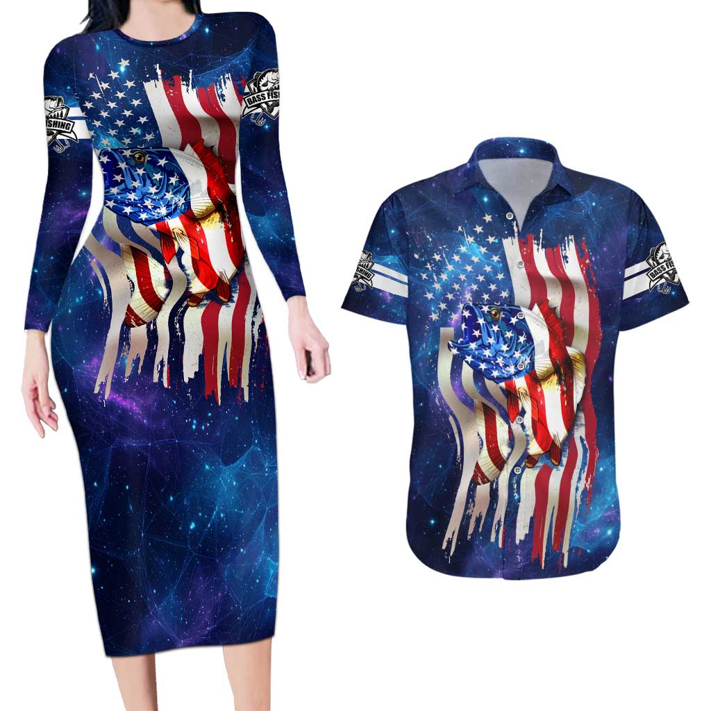 Bass Fishing Couples Matching Long Sleeve Bodycon Dress and Hawaiian Shirt American Flag Patriotic and Cosmic Galaxy in Blue Red - Wonder Print Shop