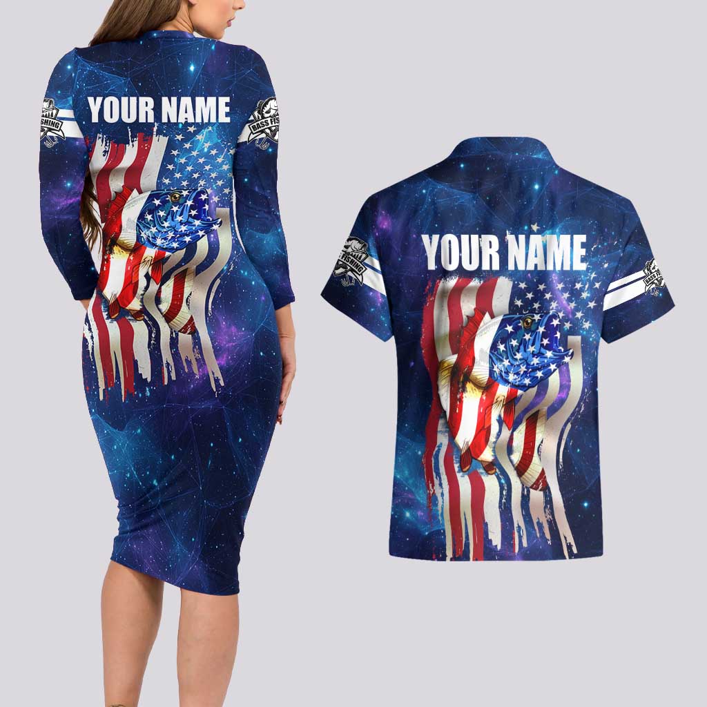 Bass Fishing Couples Matching Long Sleeve Bodycon Dress and Hawaiian Shirt American Flag Patriotic and Cosmic Galaxy in Blue Red - Wonder Print Shop