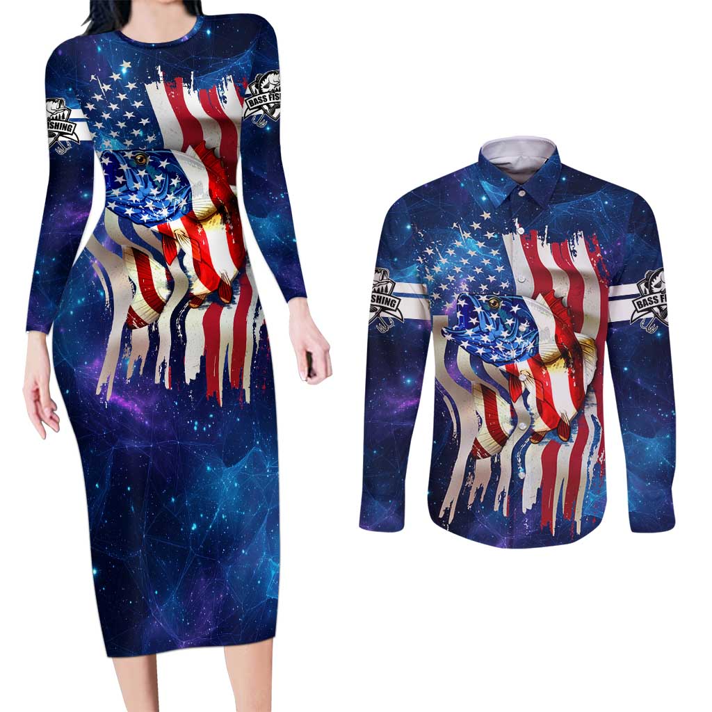 Bass Fishing Couples Matching Long Sleeve Bodycon Dress and Long Sleeve Button Shirt American Flag Patriotic and Cosmic Galaxy in Blue Red - Wonder Print Shop