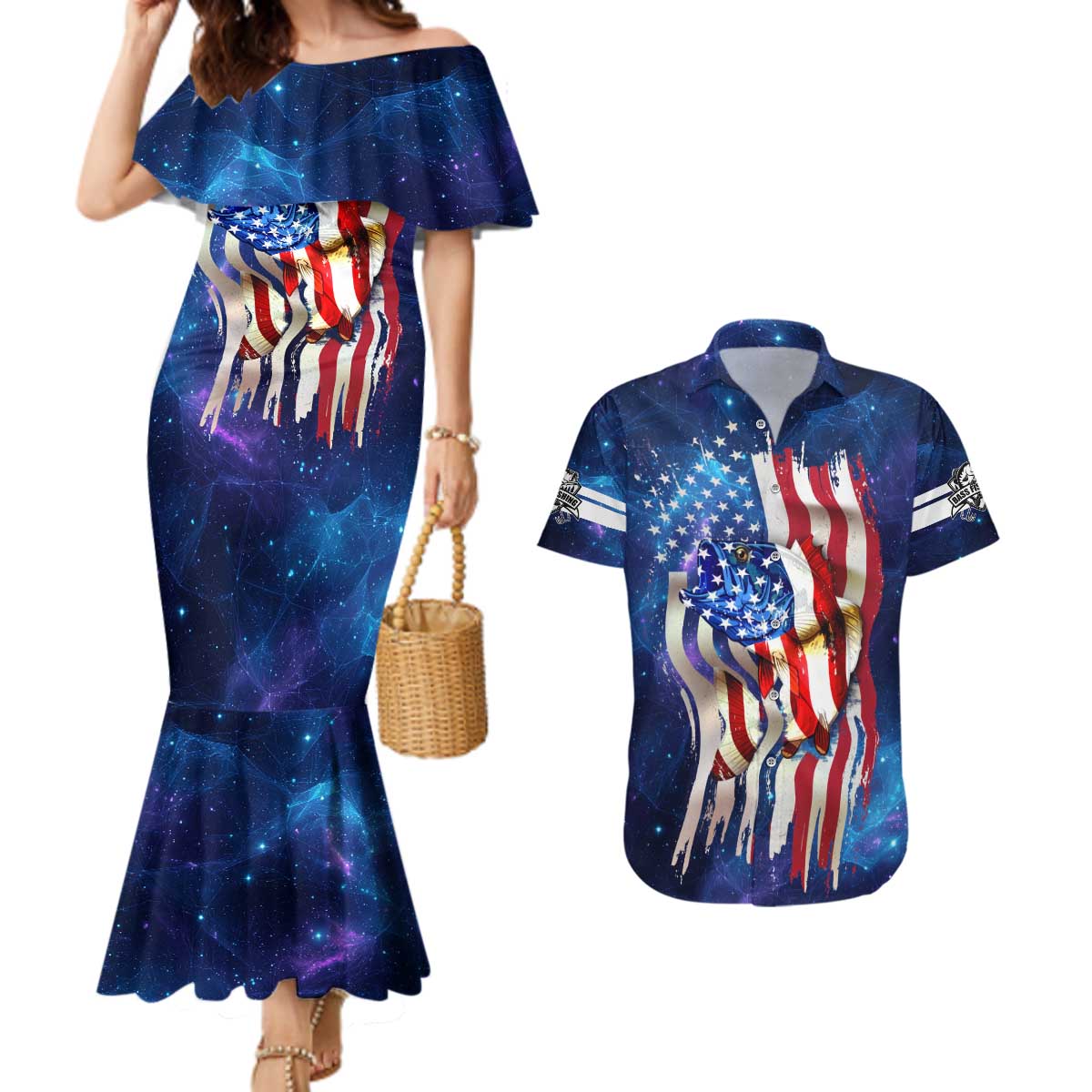 Bass Fishing Couples Matching Mermaid Dress and Hawaiian Shirt American Flag Patriotic and Cosmic Galaxy in Blue Red - Wonder Print Shop