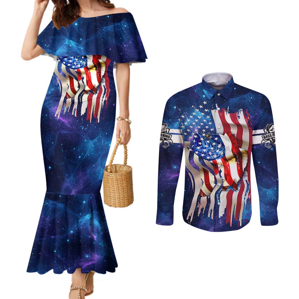 Bass Fishing Couples Matching Mermaid Dress and Long Sleeve Button Shirt American Flag Patriotic and Cosmic Galaxy in Blue Red - Wonder Print Shop