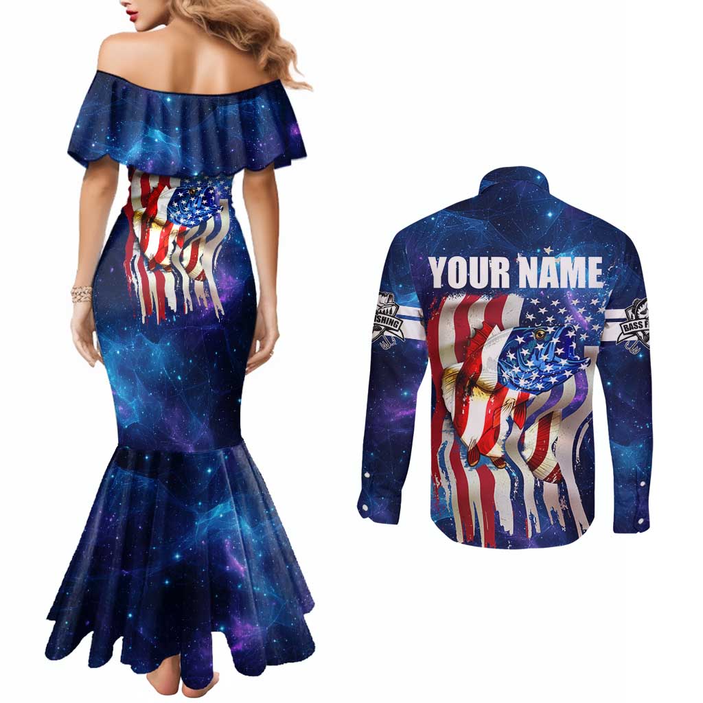 Bass Fishing Couples Matching Mermaid Dress and Long Sleeve Button Shirt American Flag Patriotic and Cosmic Galaxy in Blue Red - Wonder Print Shop