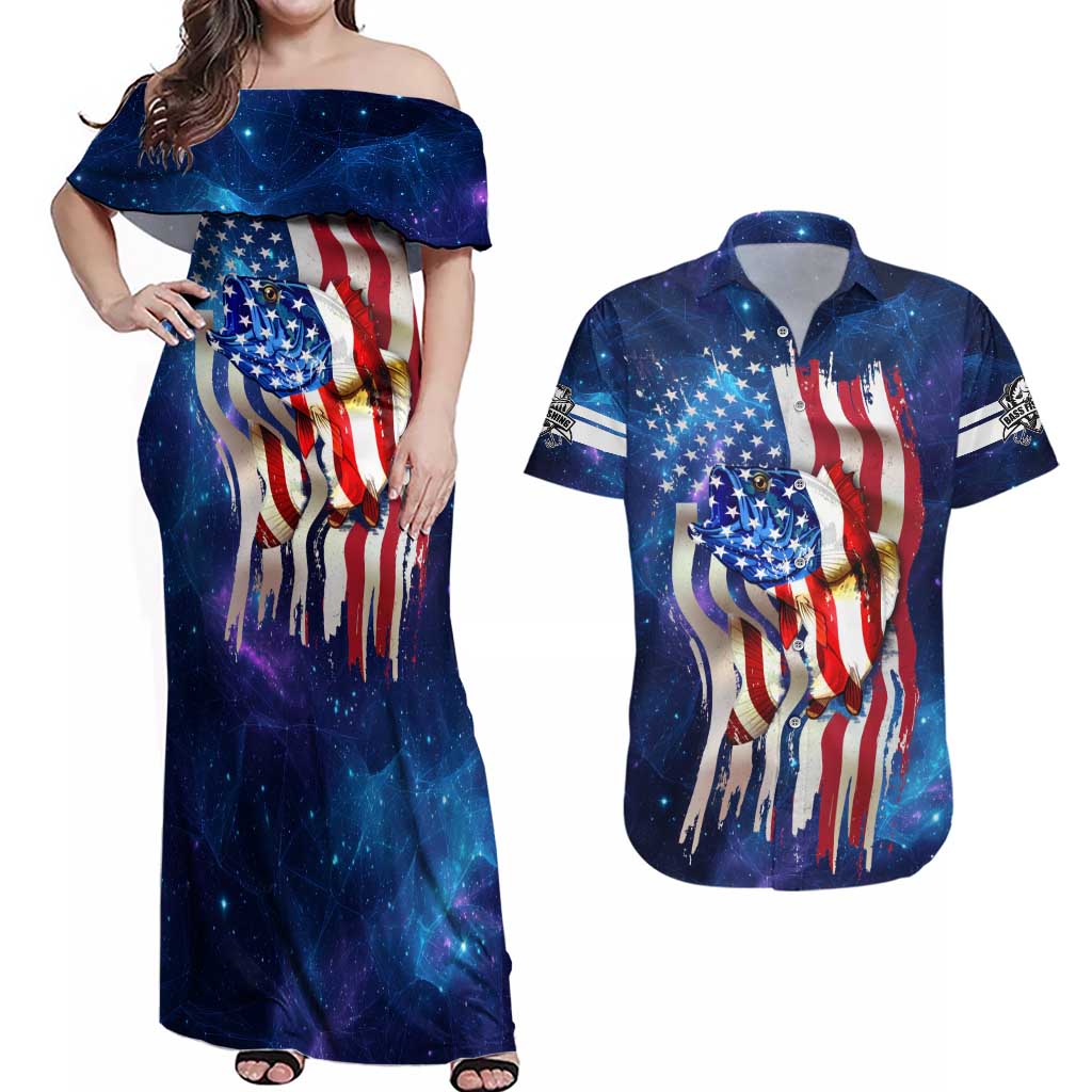 Bass Fishing Couples Matching Off Shoulder Maxi Dress and Hawaiian Shirt American Flag Patriotic and Cosmic Galaxy in Blue Red - Wonder Print Shop