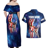 Bass Fishing Couples Matching Off Shoulder Maxi Dress and Hawaiian Shirt American Flag Patriotic and Cosmic Galaxy in Blue Red - Wonder Print Shop