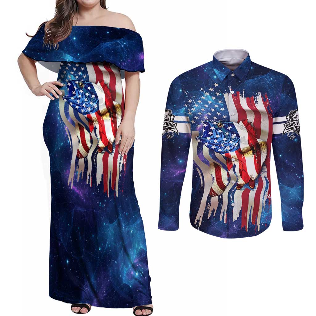 Bass Fishing Couples Matching Off Shoulder Maxi Dress and Long Sleeve Button Shirt American Flag Patriotic and Cosmic Galaxy in Blue Red - Wonder Print Shop