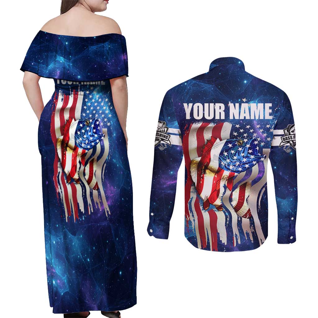 Bass Fishing Couples Matching Off Shoulder Maxi Dress and Long Sleeve Button Shirt American Flag Patriotic and Cosmic Galaxy in Blue Red - Wonder Print Shop