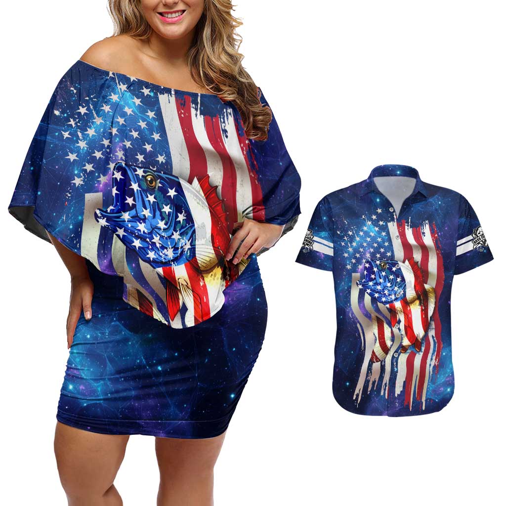 Bass Fishing Couples Matching Off Shoulder Short Dress and Hawaiian Shirt American Flag Patriotic and Cosmic Galaxy in Blue Red - Wonder Print Shop