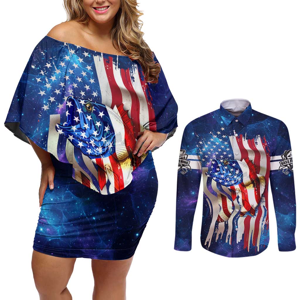 Bass Fishing Couples Matching Off Shoulder Short Dress and Long Sleeve Button Shirt American Flag Patriotic and Cosmic Galaxy in Blue Red - Wonder Print Shop