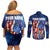 Bass Fishing Couples Matching Off Shoulder Short Dress and Long Sleeve Button Shirt American Flag Patriotic and Cosmic Galaxy in Blue Red - Wonder Print Shop
