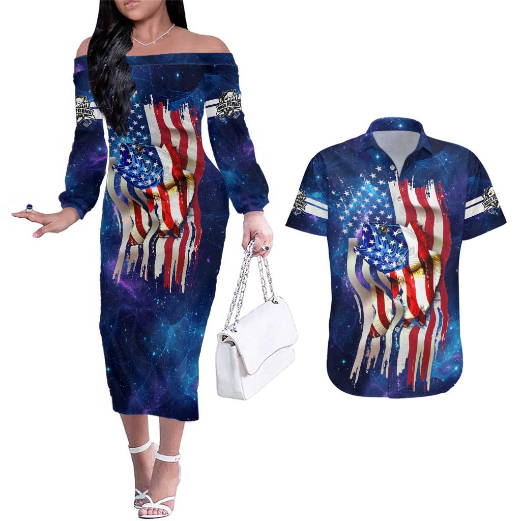 Bass Fishing Couples Matching Off The Shoulder Long Sleeve Dress and Hawaiian Shirt American Flag Patriotic and Cosmic Galaxy in Blue Red - Wonder Print Shop