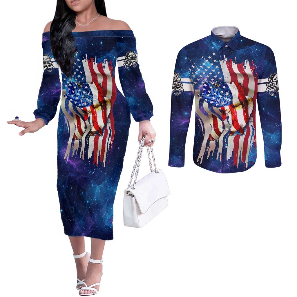 Bass Fishing Couples Matching Off The Shoulder Long Sleeve Dress and Long Sleeve Button Shirt American Flag Patriotic and Cosmic Galaxy in Blue Red - Wonder Print Shop