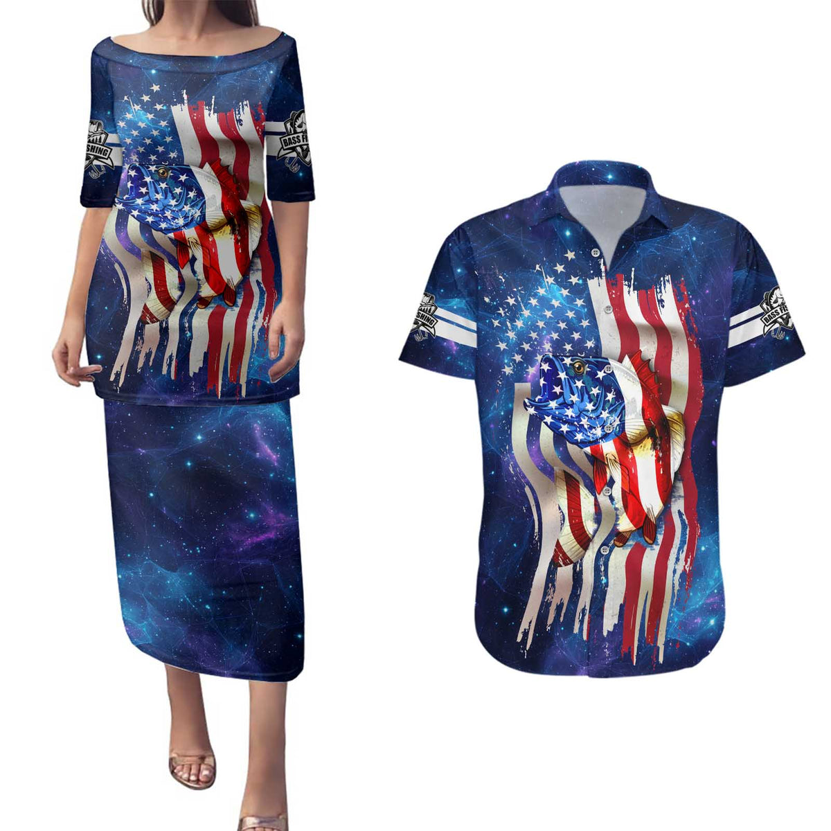 Bass Fishing Couples Matching Puletasi and Hawaiian Shirt American Flag Patriotic and Cosmic Galaxy in Blue Red - Wonder Print Shop