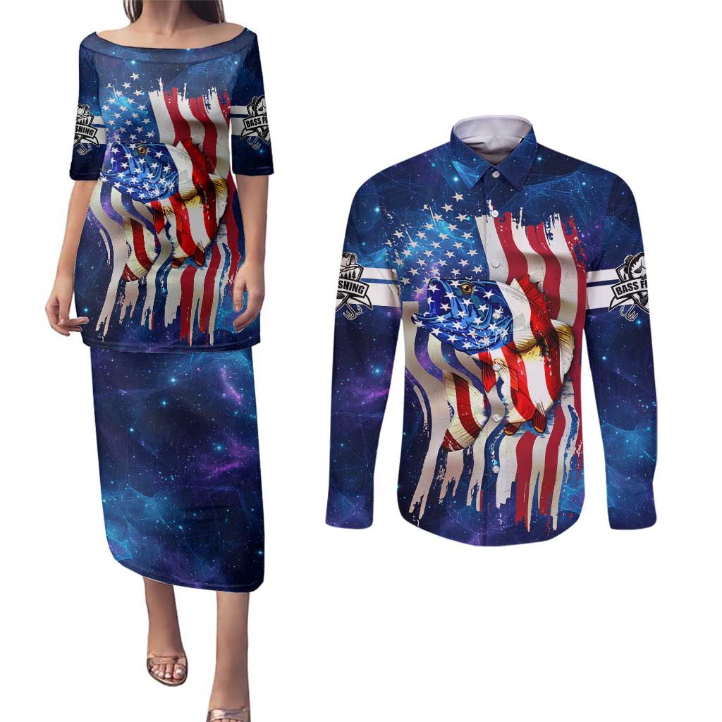 Bass Fishing Couples Matching Puletasi and Long Sleeve Button Shirt American Flag Patriotic and Cosmic Galaxy in Blue Red - Wonder Print Shop