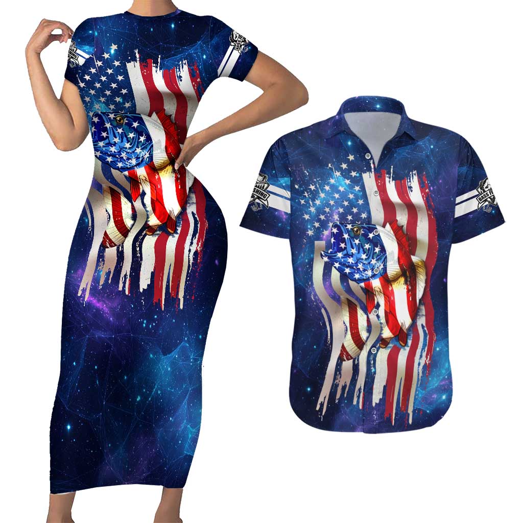 Bass Fishing Couples Matching Short Sleeve Bodycon Dress and Hawaiian Shirt American Flag Patriotic and Cosmic Galaxy in Blue Red - Wonder Print Shop