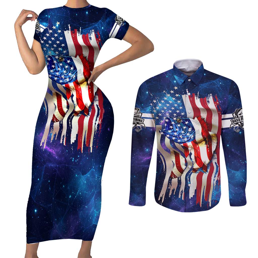 Bass Fishing Couples Matching Short Sleeve Bodycon Dress and Long Sleeve Button Shirt American Flag Patriotic and Cosmic Galaxy in Blue Red - Wonder Print Shop