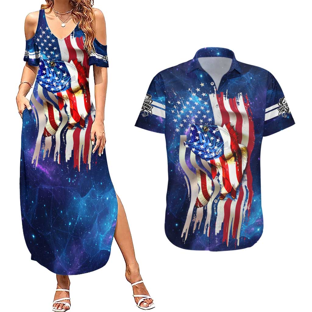 Bass Fishing Couples Matching Summer Maxi Dress and Hawaiian Shirt American Flag Patriotic and Cosmic Galaxy in Blue Red - Wonder Print Shop