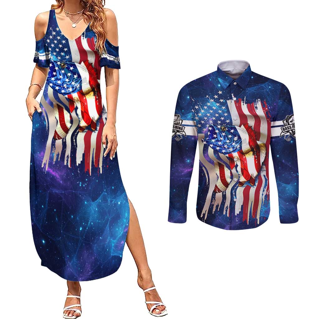 Bass Fishing Couples Matching Summer Maxi Dress and Long Sleeve Button Shirt American Flag Patriotic and Cosmic Galaxy in Blue Red - Wonder Print Shop