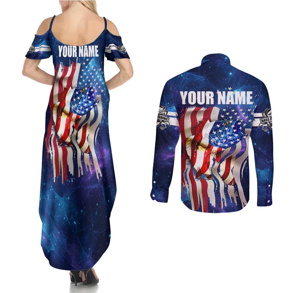 Bass Fishing Couples Matching Summer Maxi Dress and Long Sleeve Button Shirt American Flag Patriotic and Cosmic Galaxy in Blue Red - Wonder Print Shop