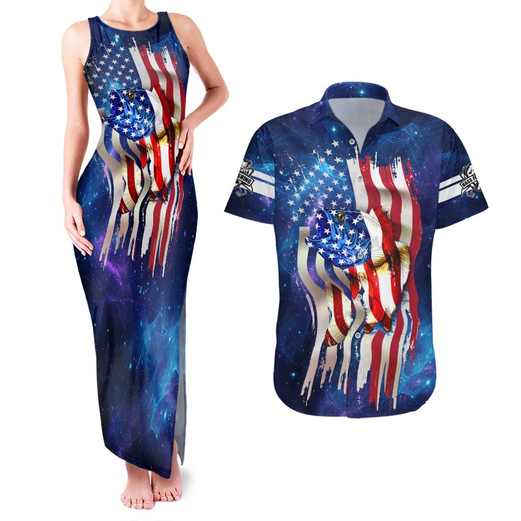 Bass Fishing Couples Matching Tank Maxi Dress and Hawaiian Shirt American Flag Patriotic and Cosmic Galaxy in Blue Red - Wonder Print Shop