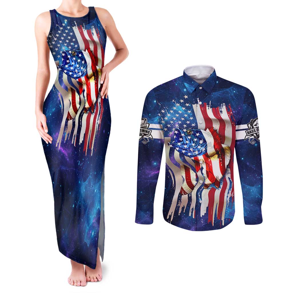 Bass Fishing Couples Matching Tank Maxi Dress and Long Sleeve Button Shirt American Flag Patriotic and Cosmic Galaxy in Blue Red - Wonder Print Shop