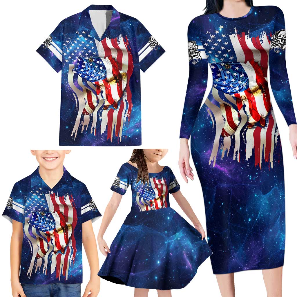 Bass Fishing Family Matching Long Sleeve Bodycon Dress and Hawaiian Shirt American Flag Patriotic and Cosmic Galaxy in Blue Red - Wonder Print Shop